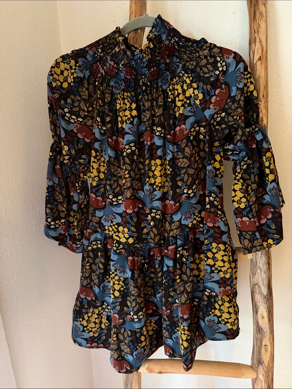 Fall Moody Floral Smocked Neck Bell Sleeve Top Navy Chartresuse Blue Multi OS